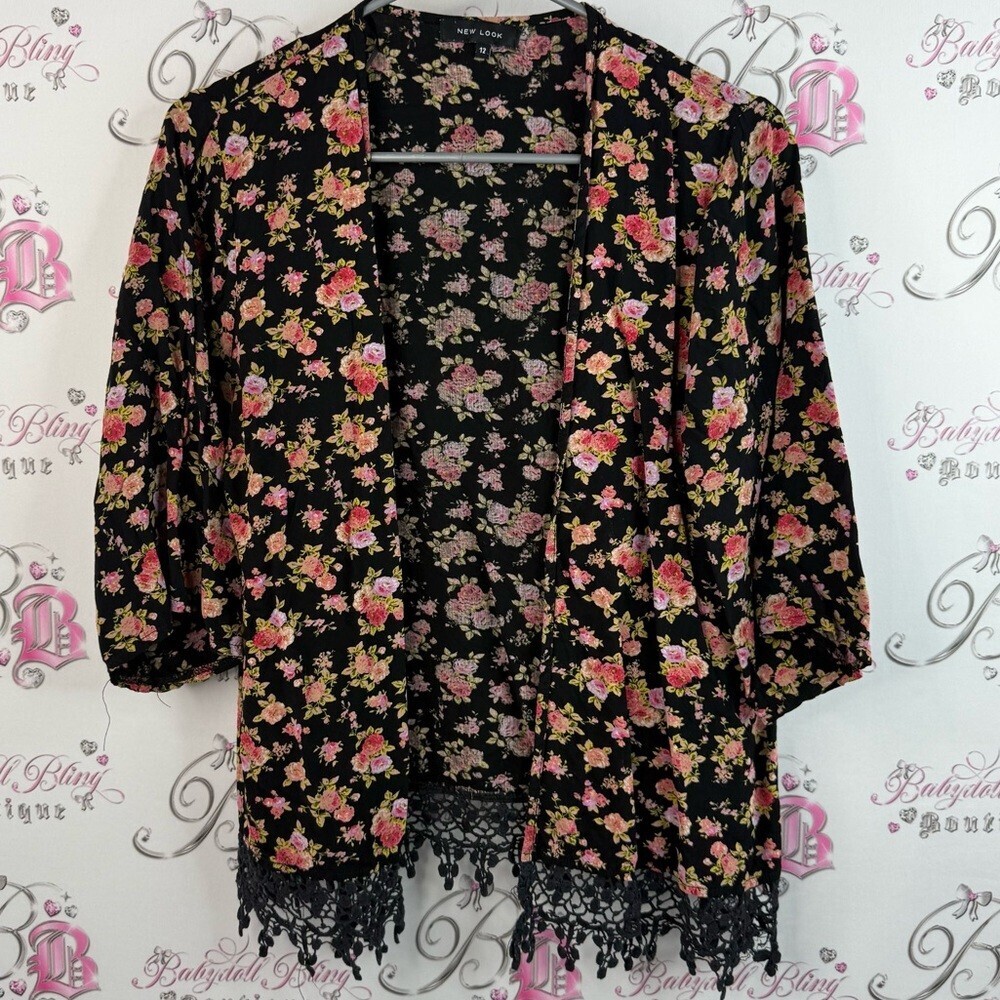 New Look cardigan open front lace crochet hem detail Black Floral Kimono Top